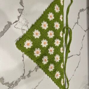Green Floral Knit Crochet Kerchief Bandanna